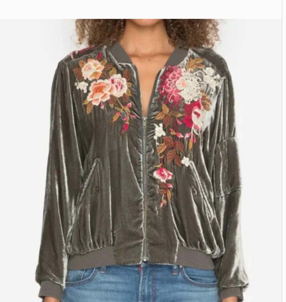 Johnny Was Chrys Velvet Embroidered Bomber Jacket Womens Medium Silk Lined